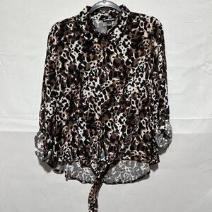 Charlotte Russe Women's Top Animal Print Tie Hem Roll-tab Sleeve Blouse Brown 1X